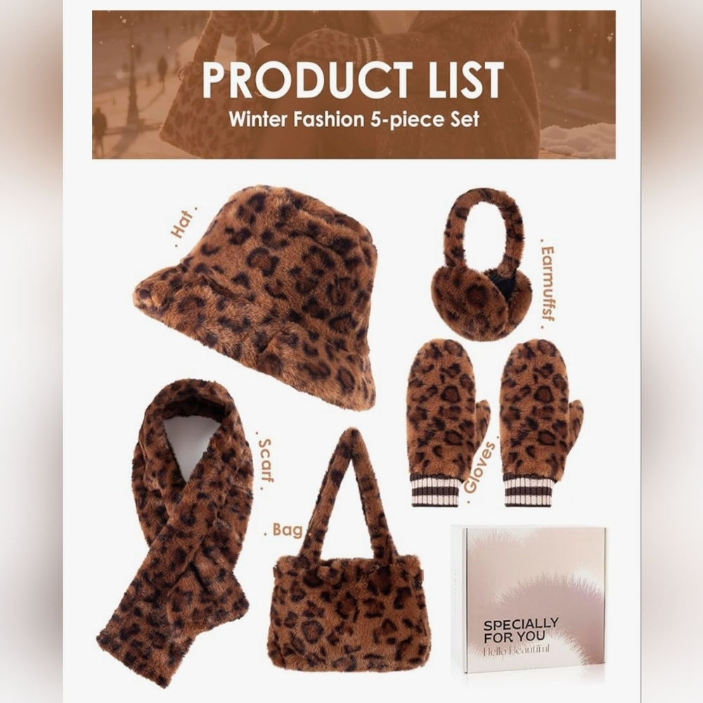 Leopard‎ Print Faux Fur Hat & Accessory Set - Brown